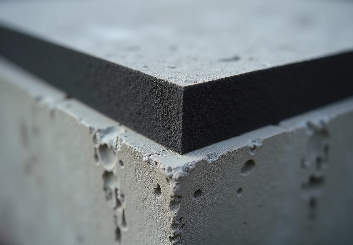 Przekrój płyty izolacyjnej przyłożonej do bloczka z betonu komórkowego